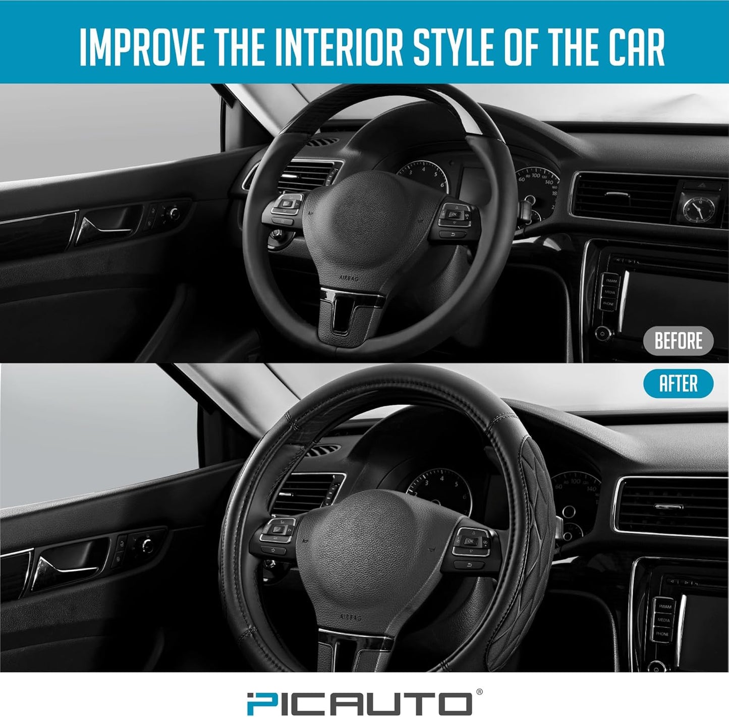 PIC AUTO Steering Wheel Cover, Black Thick Rhombic Foam and Premium Leather, Universal 14.5-15.5 Inch Breathable Anti-Slip Steering Wheels Accessories for Men & Women