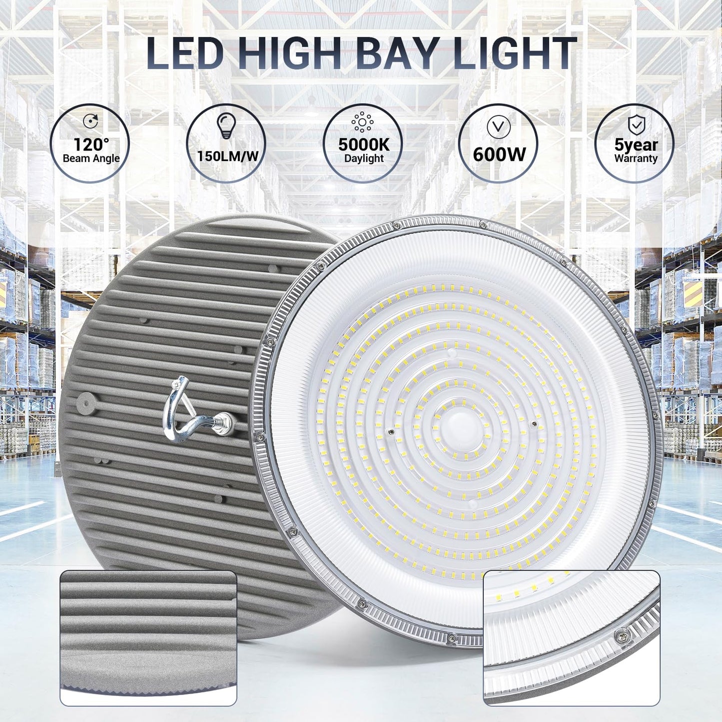 Xycn 2 Pack 600W Ufo Led High Bay Light 120Vac 5000K Daylight Commercial Bay Lighting Ip66 Waterproof 85050Lm 2550W Mh/Hps With Plug Area Lighting For Warehouse/Shop/Workshop/Barn/Gym/Factory