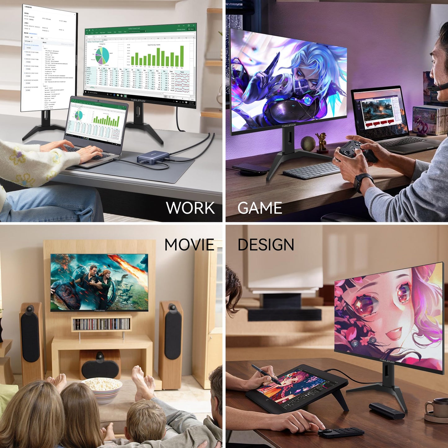 Thinlerain 23.8 inch Computer Monitor 1920x1080 Vertical PC Monitor with HDMI VGA AV BNC USB Ports, Multi-Function Stand, VESA, Display Frameless Build-in Speakers for Office Home