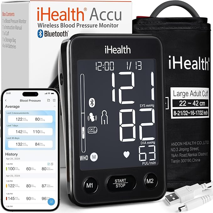 iHealth Accu Blood Pressure Monitor – 4.5" Large LCD(Black), Clinically Accurate, Irregular Heartbeat Alert, Body & Cuff D...