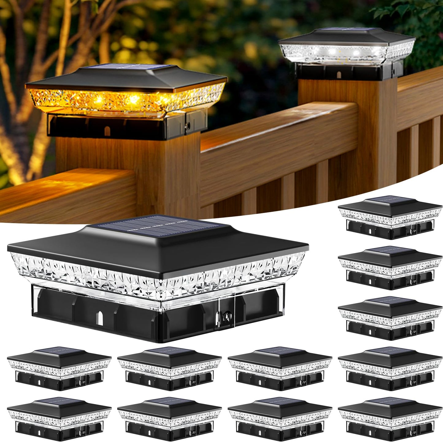 Btfarm 12 Pack Solar Post Cap Lights Outdoor  2 Color Modes 16 Led Fence Post Lights Fit 4X4 3.5X3.5 Wooden/Vinyl  Bright Waterproof Solar Powered Deck Lighting Outside For Patio Porch Garden  Black