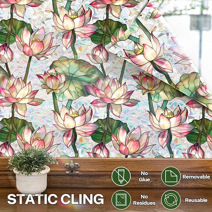 Stained Glass Window Film UV Resistant Window Privacy Film Lotus Floral Privacy Rainbow Decals Living Room Bedroom Sun Blocking Decor Removable Static Cling Stickers 17 x 78.74 Inch