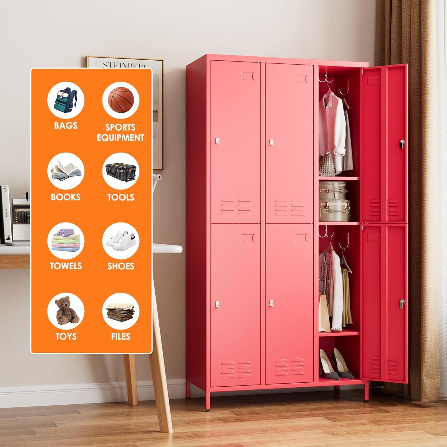 6 Doors Metal Lockers for Employees with 6 Shelves and 18 Hooks, Storage Locker with Business Card Holder for Office Gym School Bedroom, Assembly Required, Red