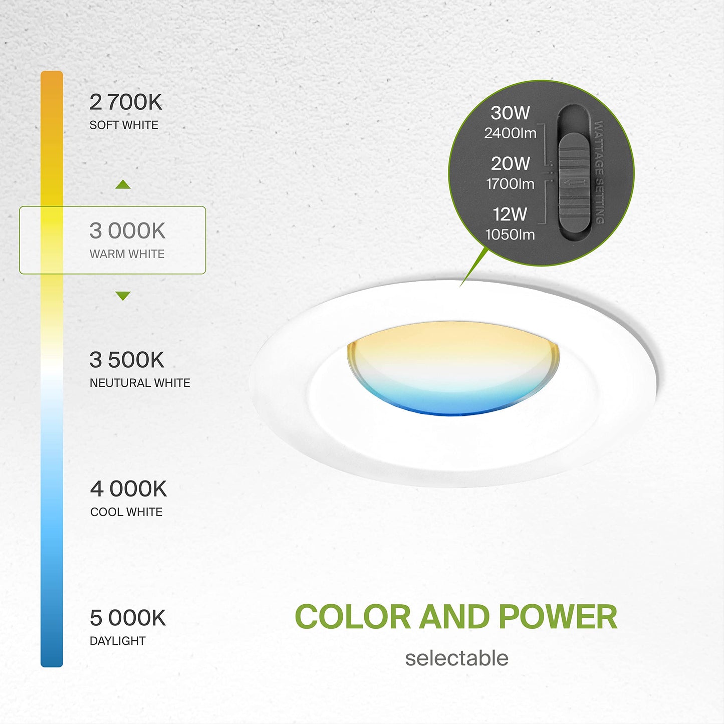 Asd 8 Inch Commercial Canless Led Downlight  Power Adjustable 12/20/30W Lighting  Round Dimmable Recessed Ceiling Light Fixture  5 Color Temperatures 2700K-5000K  120-277V Ic Rated Ul & Energy Star