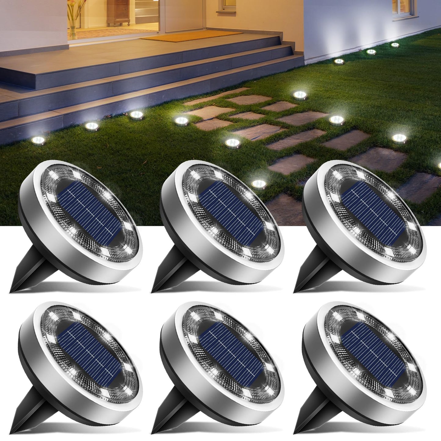 btfarm Solar Ground Lights, 8 LED, IP65 Waterproof, 6 Pack, Cool White, Model DC-CD915