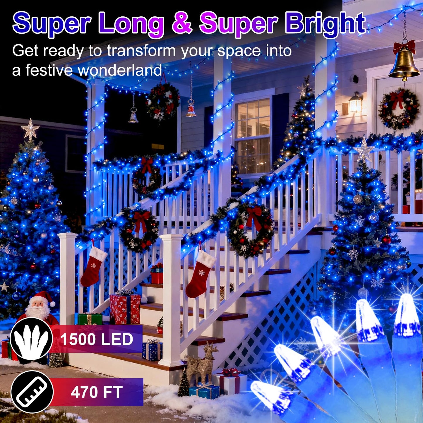 1500 Led 470Ft Christmas String Lights Outdoor  12 Pro Modes And Timer Memory & Brightness  Plug In Waterproof Clear Wire Twinkle Light For For Xmas Yard Tree Wedding Party Decor (Blue)