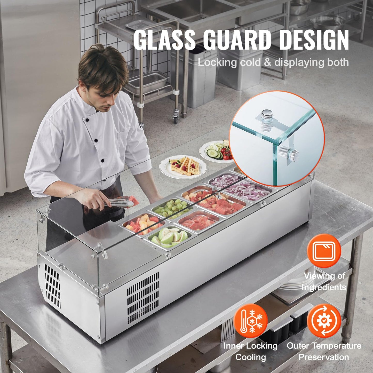 VEVOR Condiment Prep Rail Station, 140 W Countertop Refrigerated Condiment Station, with 3 1/3 4 1/6 Pans, 304 Stainless Body and PC Lid, Sandwich Prep Table with Glass Guard, ETL, Silver