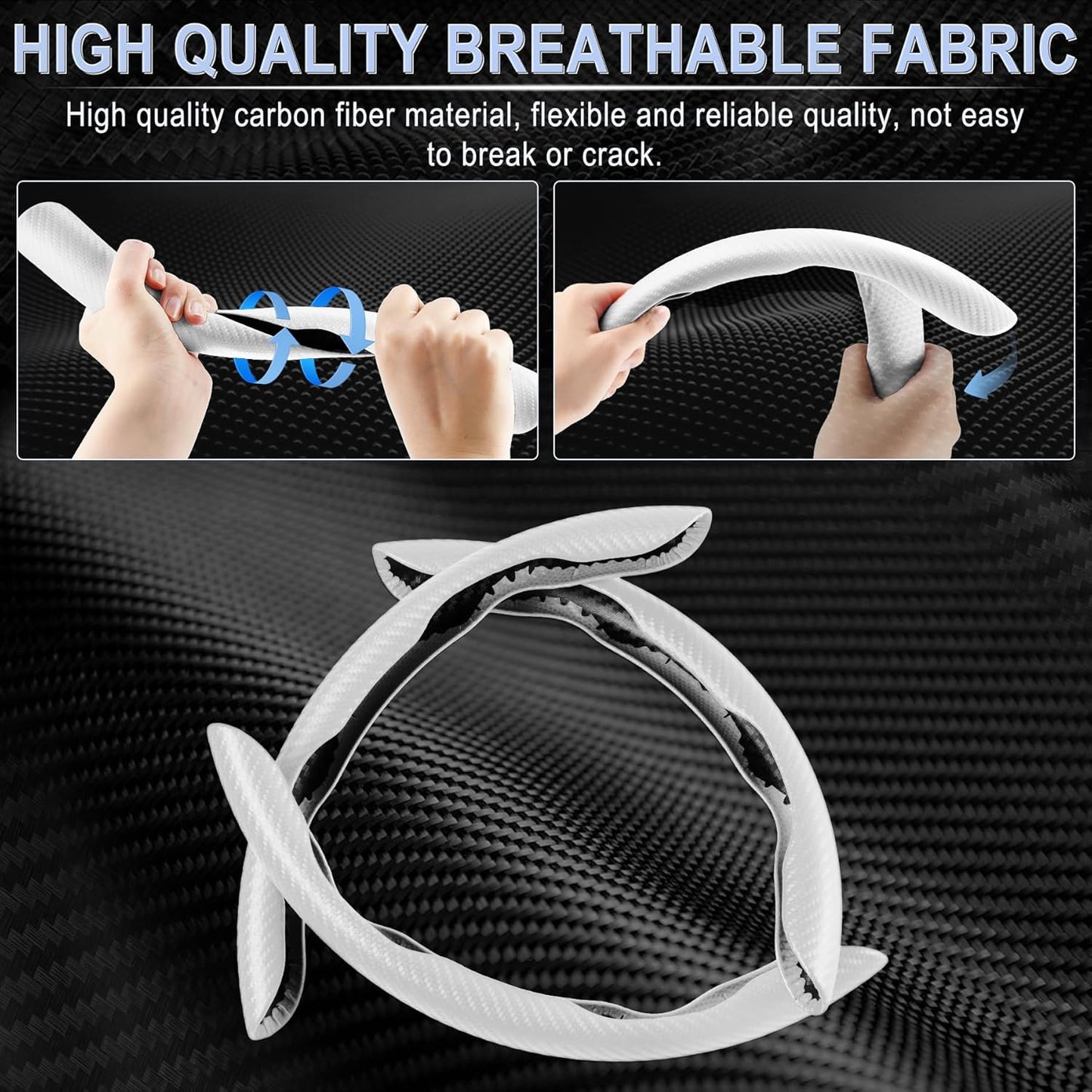 Amiss 3pcs Carbon Fiber Anti-Skid Steering Wheel Cover, Segmented & Butterfly Design, Universal 99% Car Wheel Cover Protector, White