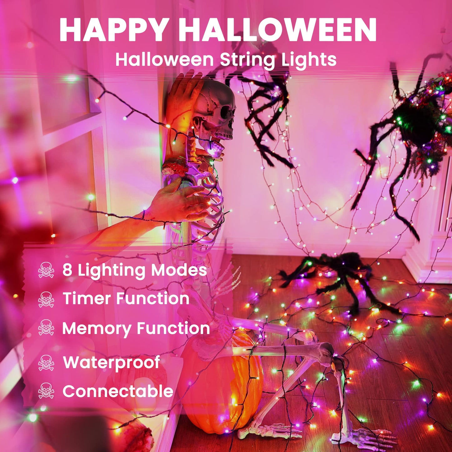 Jnaurb Halloween String Lights, 300 LED, 114ft, Waterproof, 8 Modes, Orange, Green & Purple, Model LED0823300