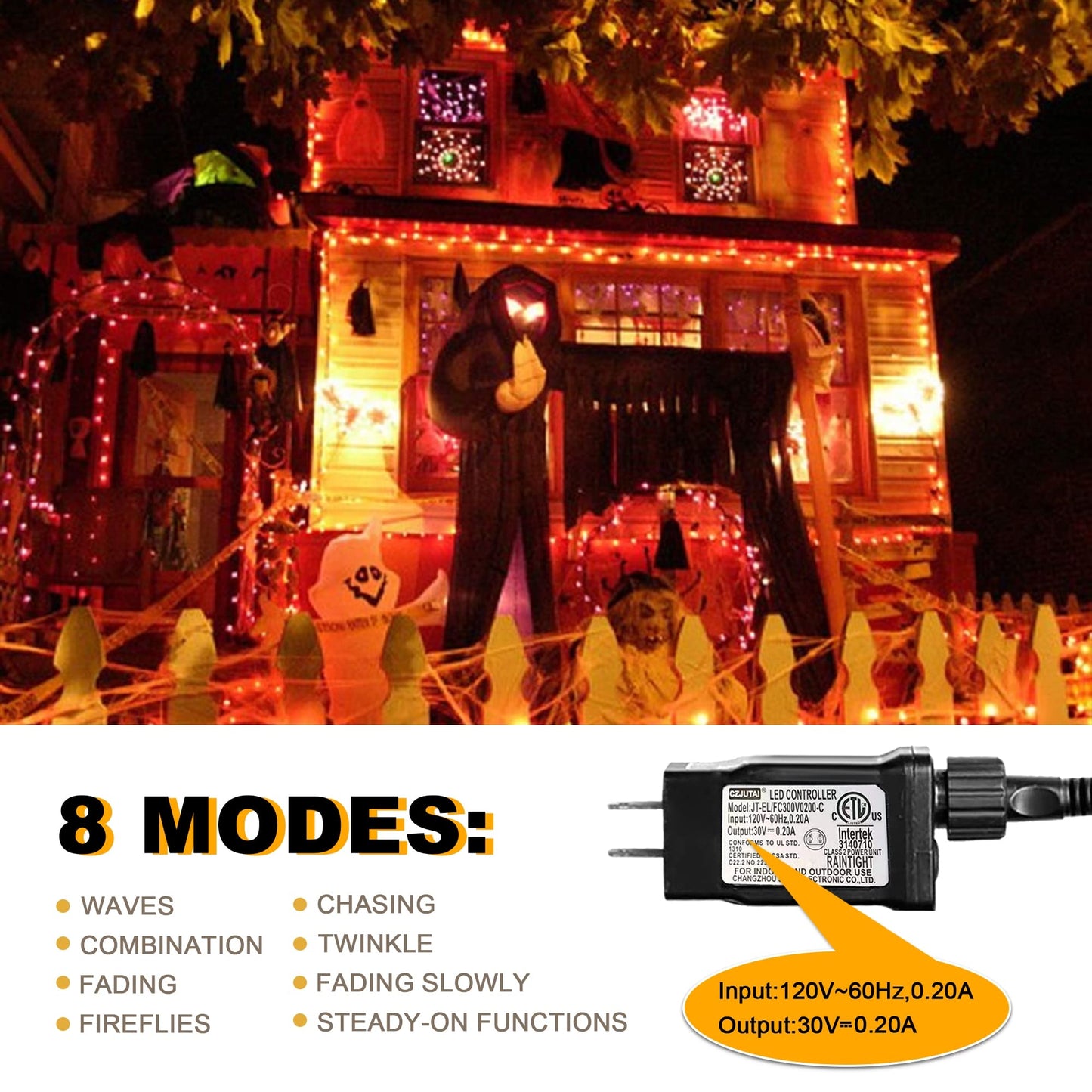 weillsnow 200 LED Orange Halloween String Lights, 66FT Waterproof with 8 Modes, Model HB-200COI