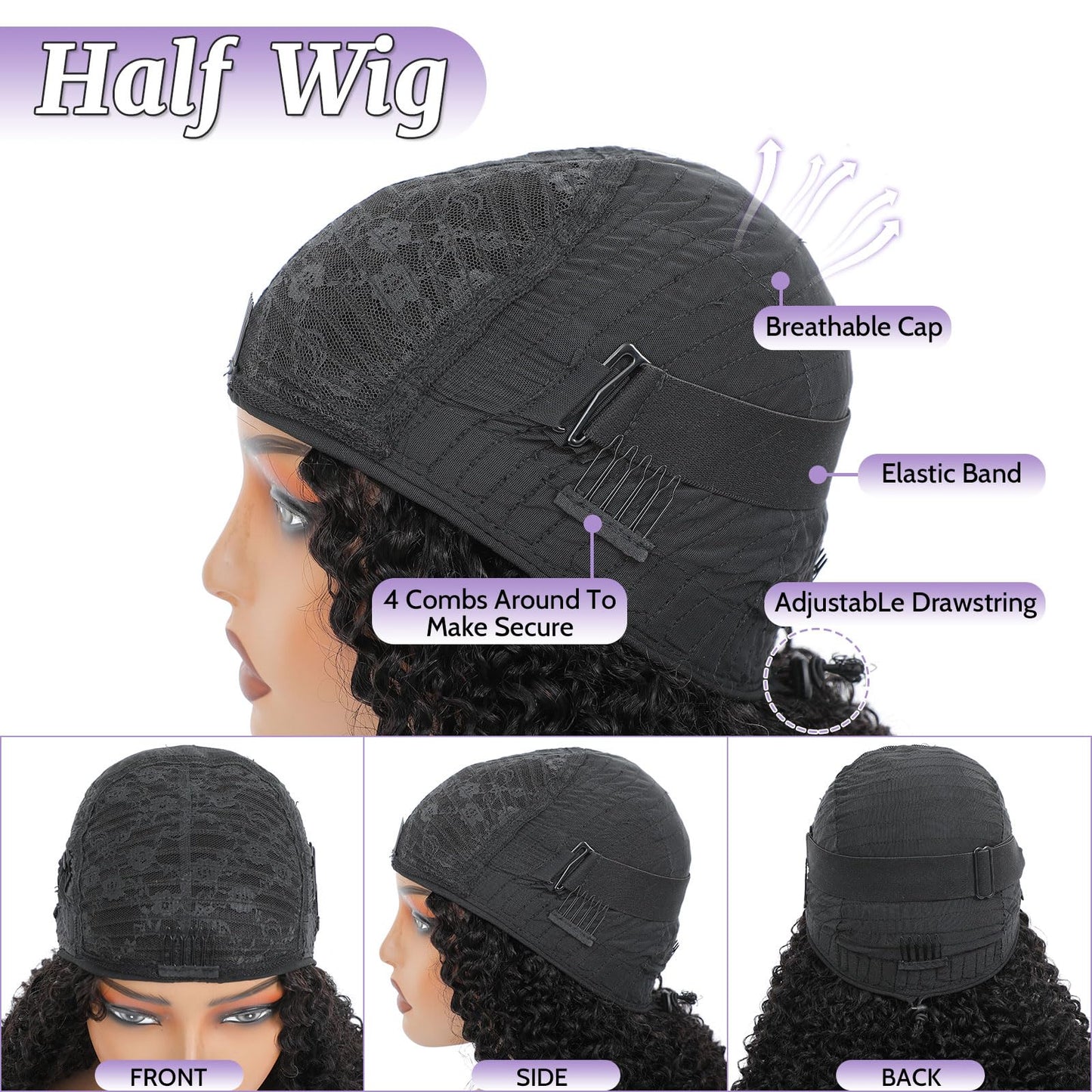 DSEKCAIN Water Wave Half Wig Human Hair 100% Real Human Hair Water Wave Half Wig With Drawstring 3 In 1 Seamless Flip Over Gluel
