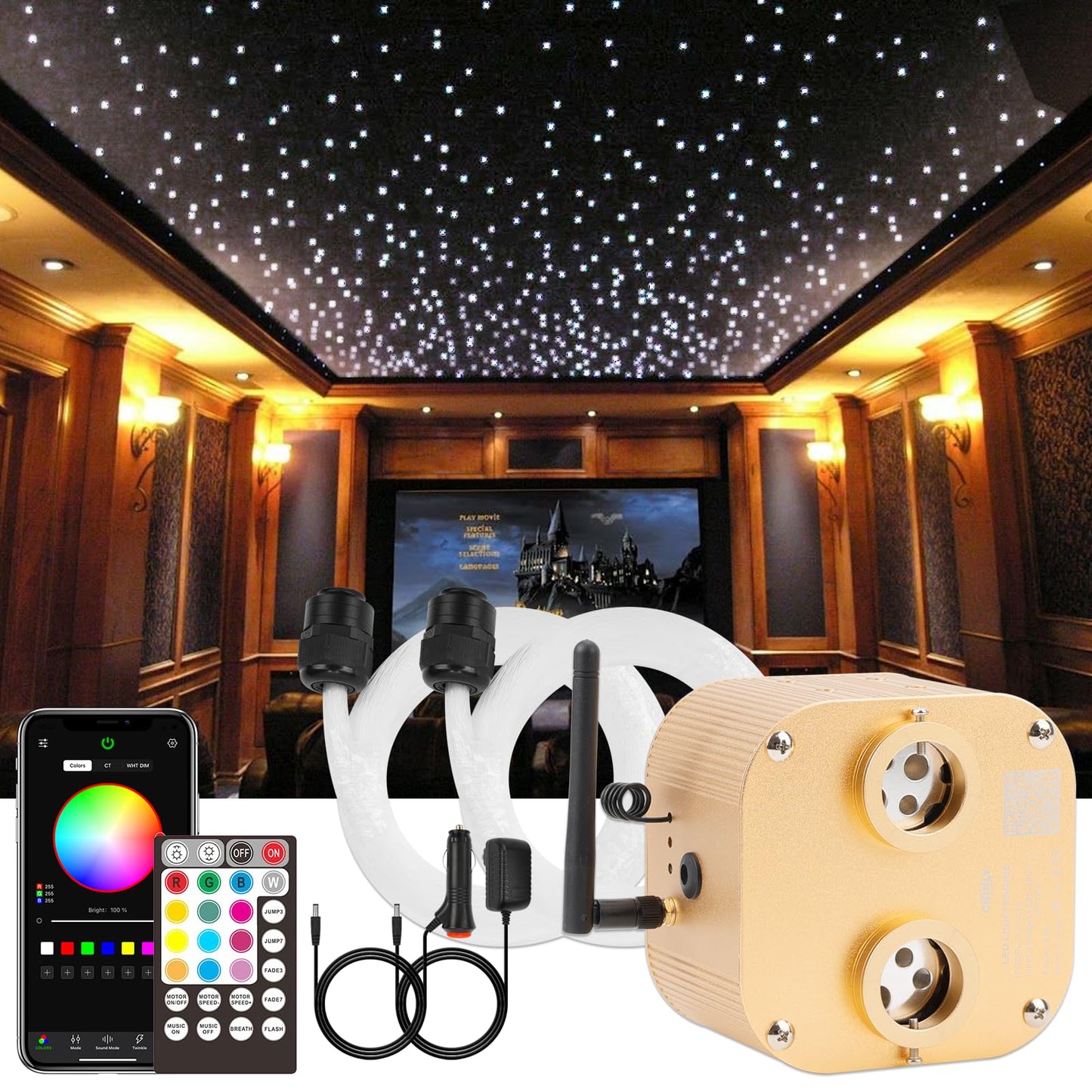 CHINLY Starlight Headliner Kit, 800pcs Fiber Optic Lights, 13.1ft, RGBW, Bluetooth App Control, Model QJ-L020, Multicolor