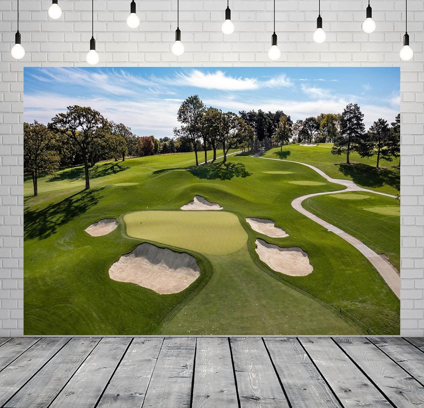 BELECO 12x8ft Fabric Golf Course Backdrop for Photography Green Grass Lawn Bunker Trees Blue Sky White Clouds Outdoor Golf Backdrop Golf Party Decorations Birthday Shoot Holiday Photo Studio Props