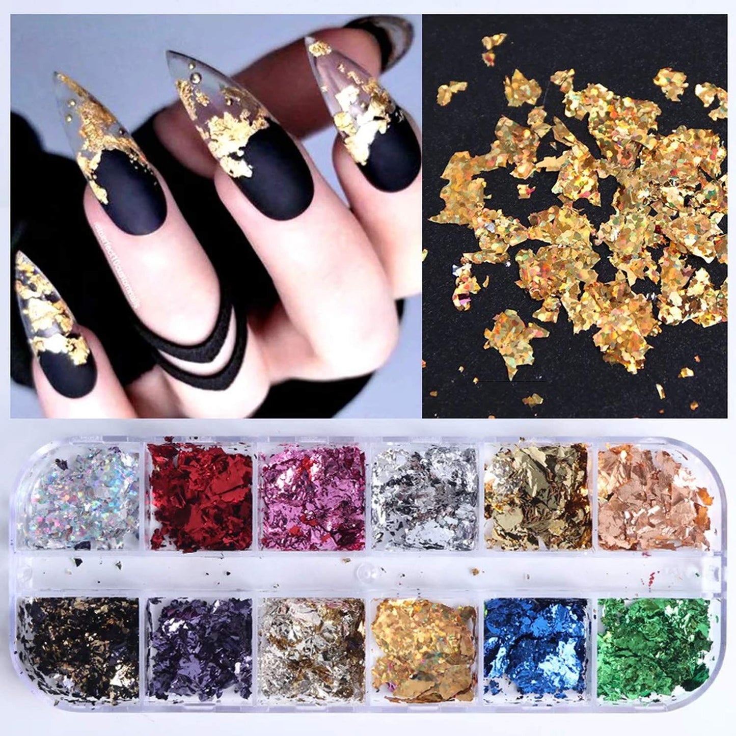 Gold Foil Nail Art Set, Decals Stickers Fragments Charms, DIY Manicure Design Decoration, Gold Silver Leaf Flakes 12 Grids/Set