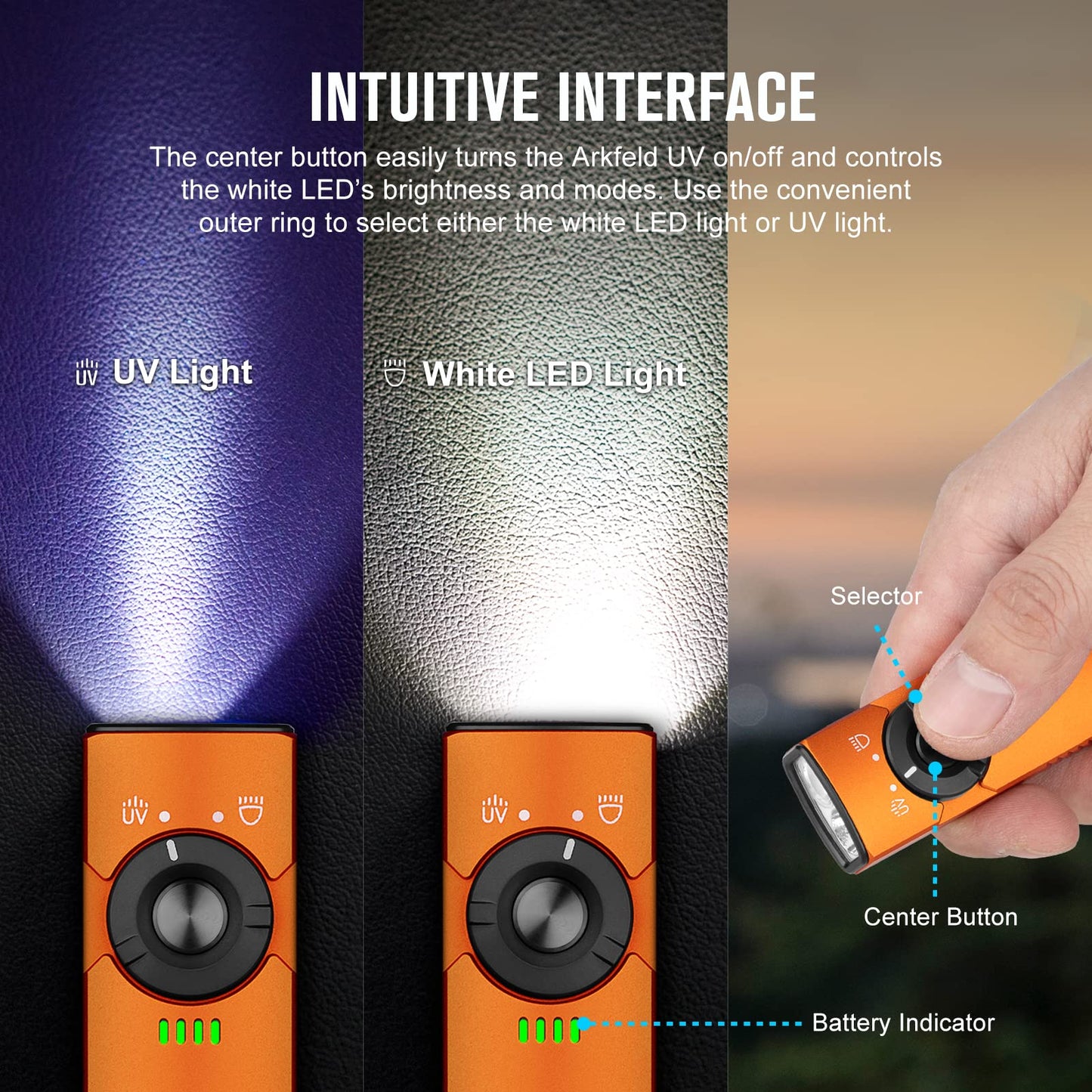 OLIGHT Arkfeld UV Rechargeable EDC Flashlight, 1000 Lumens, 365nm Blacklight, Orange, Model O-AKUV-OGNW#US-FBA