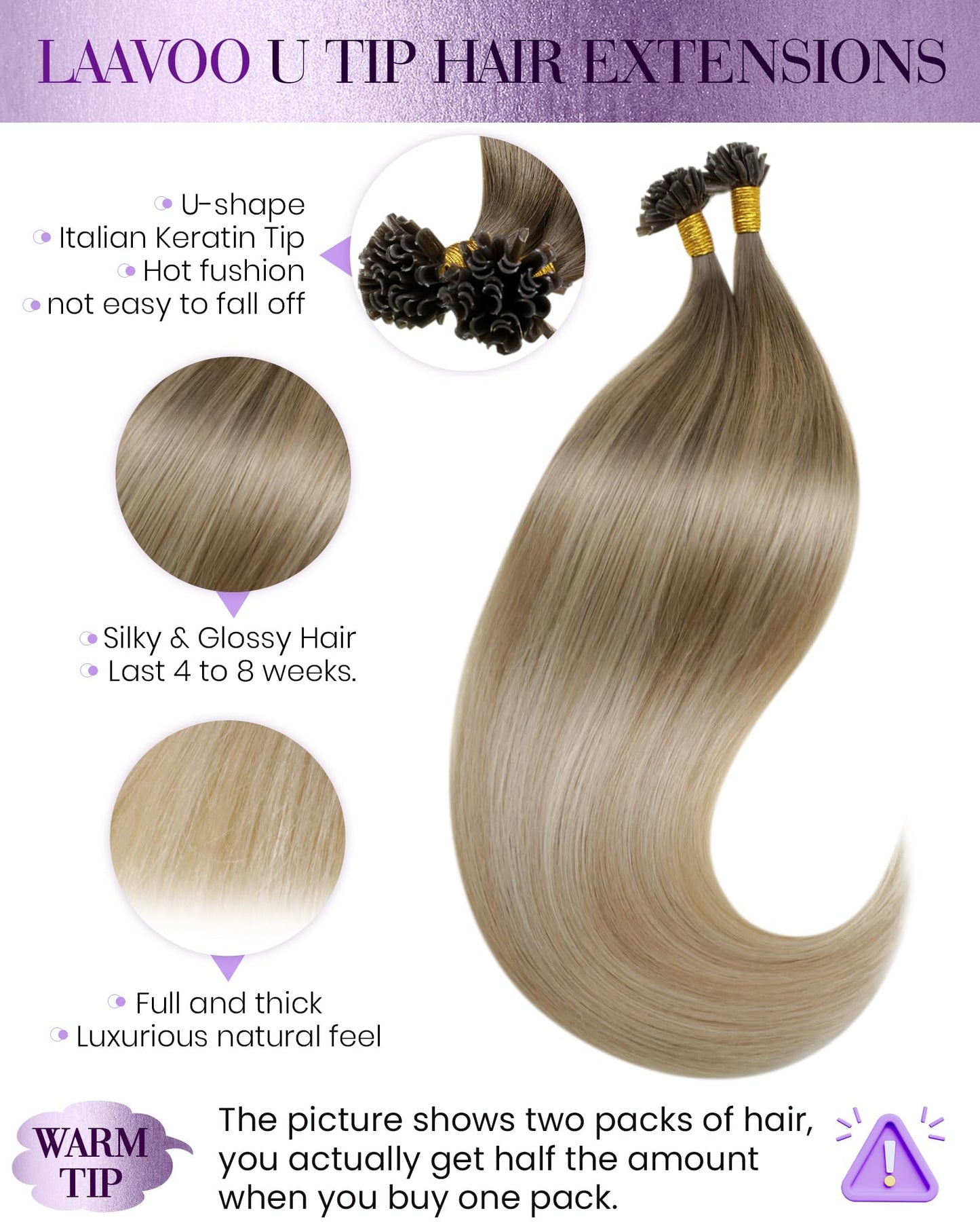 LaaVoo U Tip Hair Extensions Human Hair Light Brown to Ash Blonde Mix Platinum Blonde Balayage K Tip Hair Extensions Real Human