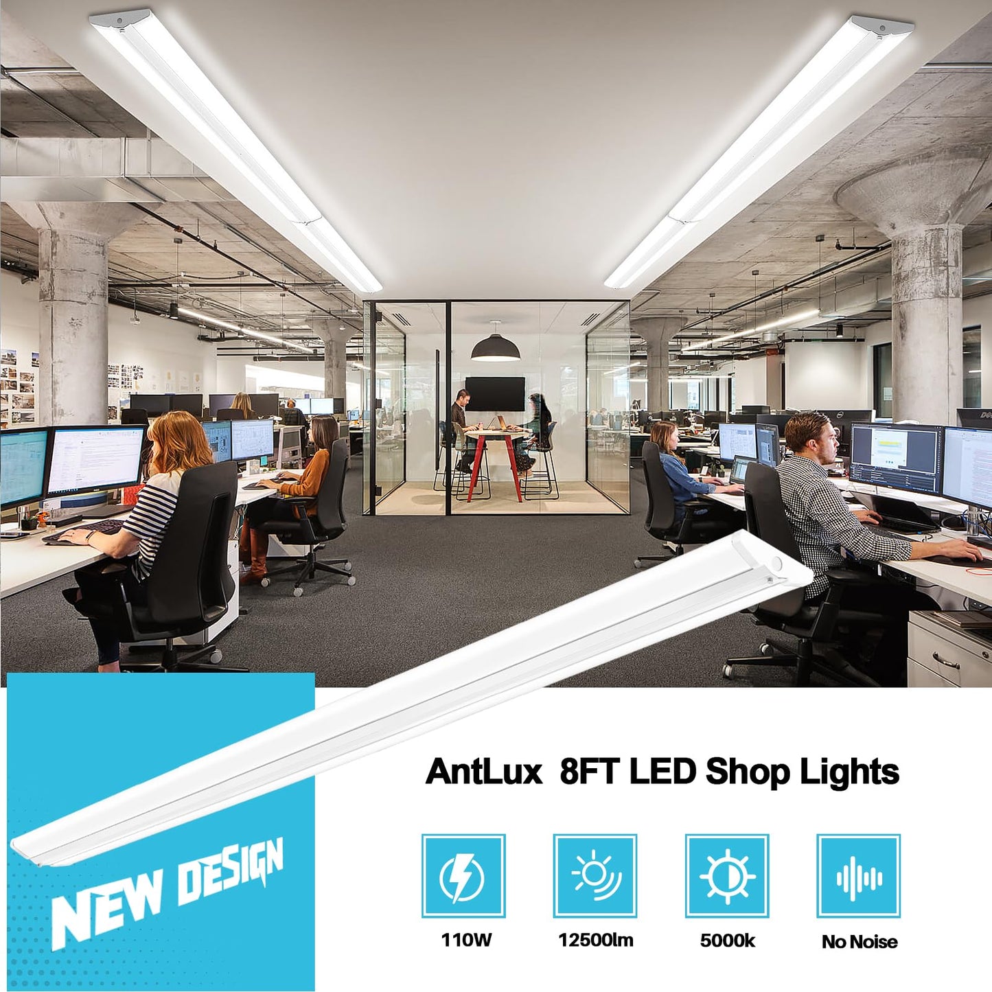 ANTLUX 8FT LED Shop Light, 110W, 12500LM, 5000K, Aluminum, Commercial Grade, 4 Pack