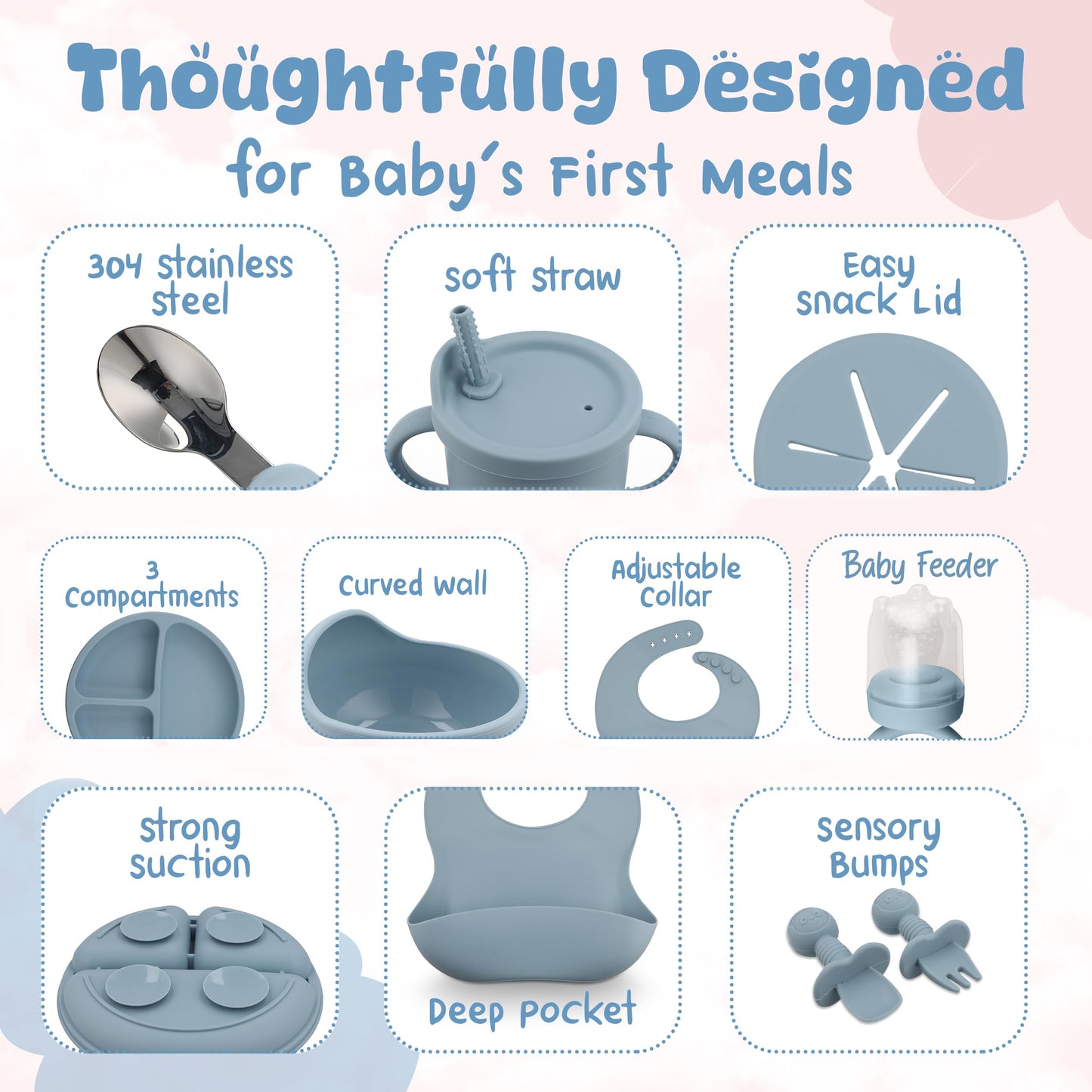 SimplisticStuff BPA-Free Silicone Baby Feeding Set: Includes Suction Plate, Bowl, Sippy Cup w Lid, Fruit Feeder & Teether, Sensory Bump Utensils, Steel Spoon and Fork, Blue