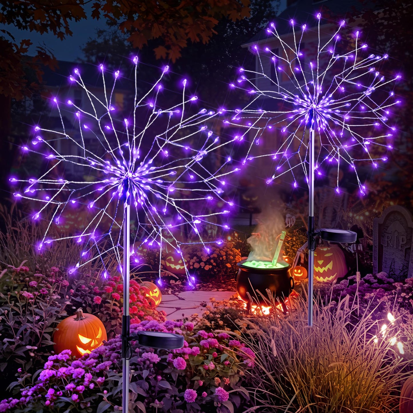 suddus Solar Garden Lights, 150LED Purple Firework Lights, 2 Pack, Waterproof, 8 Modes for Halloween Yard Decorations