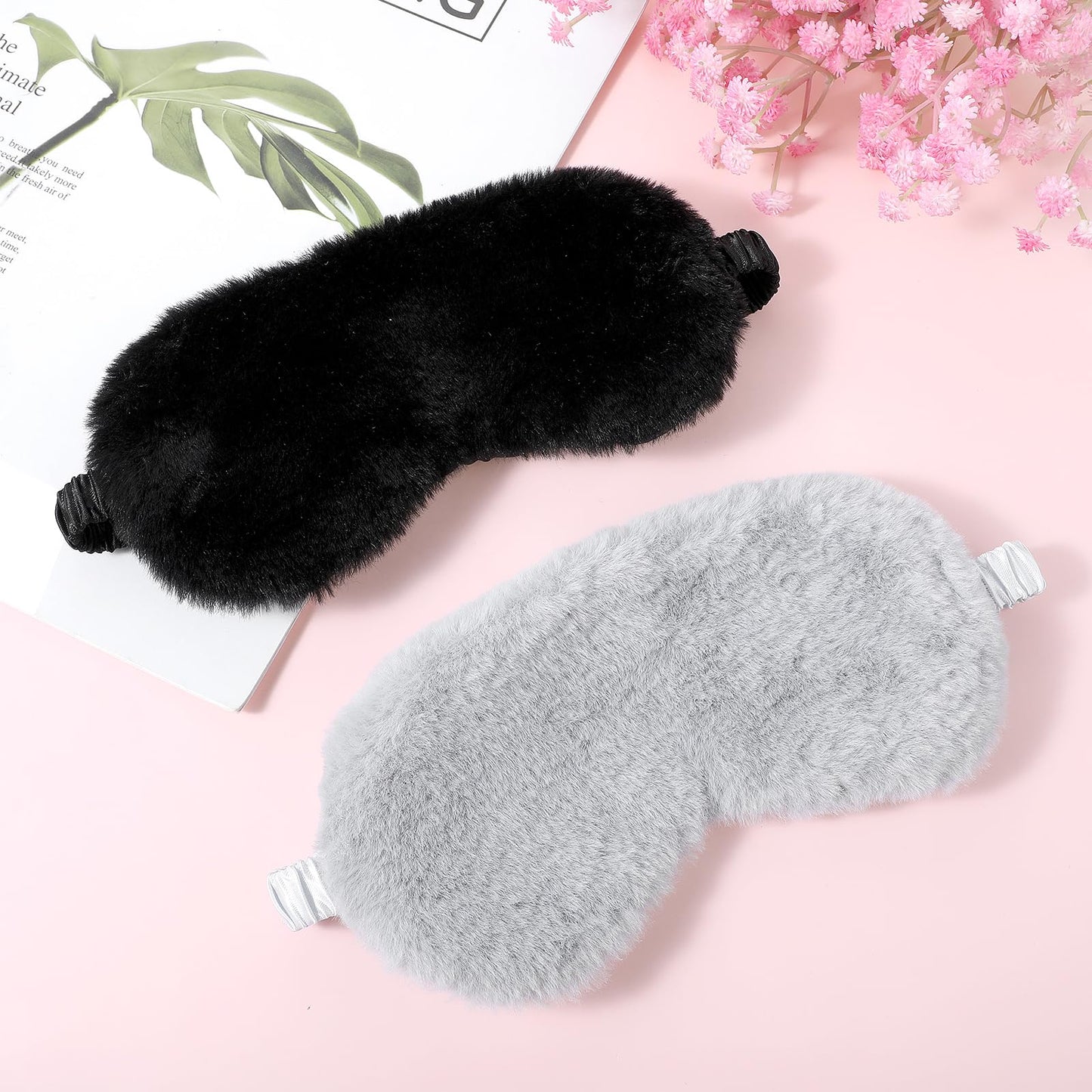 WY LIGHTING LEVEL 2 Pcs Plush Eye Mask Soft Sleeping Blindfold Eye Cover Comfortable Furry Faux Fur Sleeping Mask Satin Nap Night Eyeshade Cover for Women Men Gift (Black, Gray)