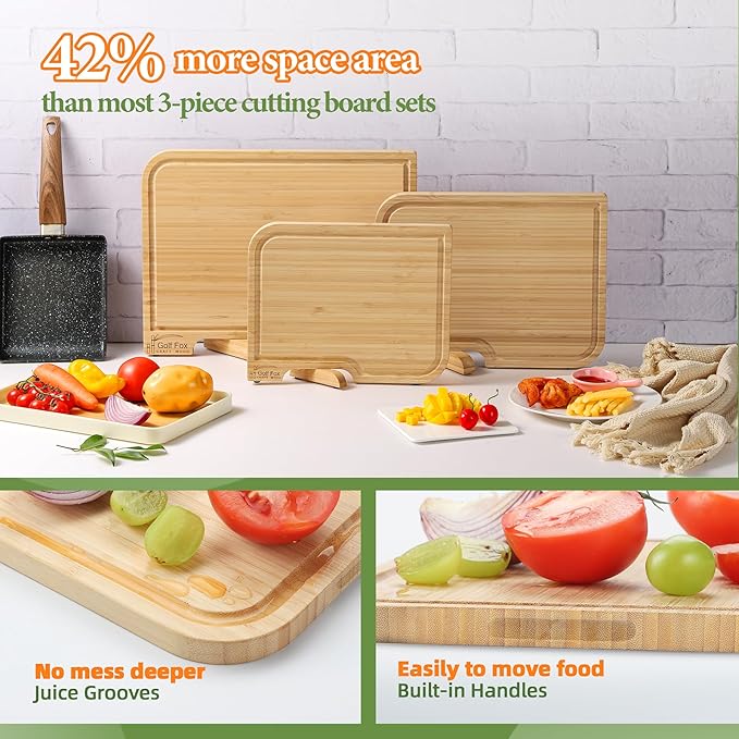 3-PCS Bamboo Cutting Board Set, Wood Cutting Board for Kitchen with Innovative Stand, Juice Groove & Handle, Double Sided for Chopping & Charcuterie Board, Kitchen Gift for Home Cooks, For Meat &Fruit