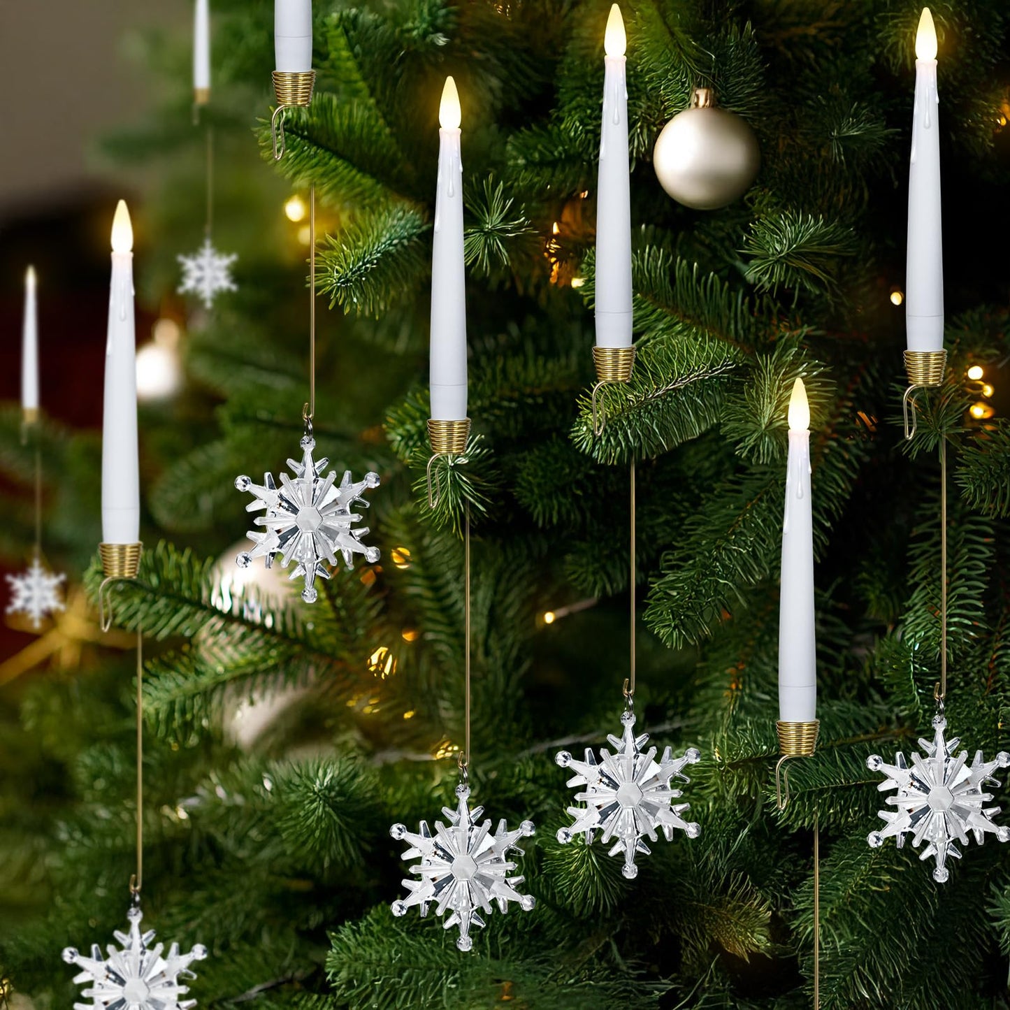 FPOO Christmas Tree Candles, 12 Pack Flameless Taper Candle for Christmas Tree Decor - Battery Operated Candlestick w/Crystal Ba