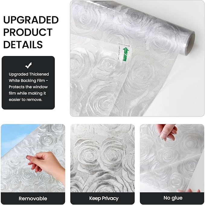 Window Privacy Film, Frosted Glass Decorative Static Cling, Removable Sun Blocking Vinyl Covering,Window Film for Home Kitchen Living Room Bathroom,Sea of Flowers,35.4" x 78.7"