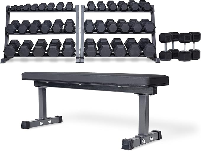 REP FITNESS Dumbbell Set with Bench – 5-50, 5-75 or 5-100 Rubber Hex Dumbbell Set with Either Flat or Adjustable Bench