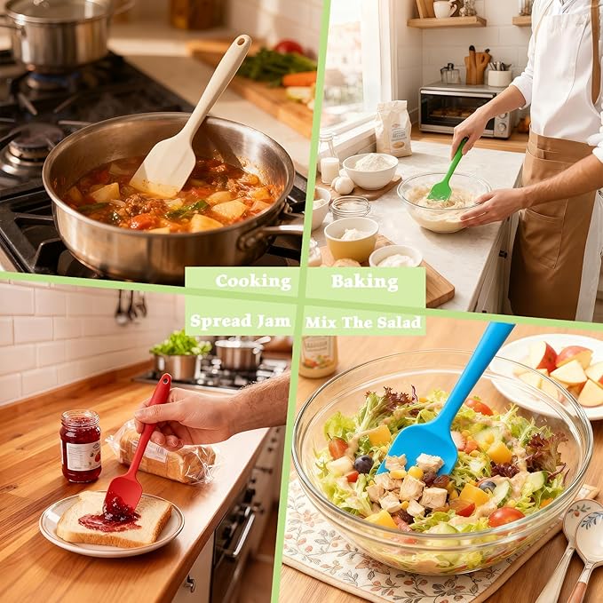 Silicone Spatula, Rubber Spoon Spatula Heat Resistant, One Piece Design Non-Stick Spoonula, Flexible Kitchen Scrapers with Stainless Steel Core for Baking, Mixing, Cooking