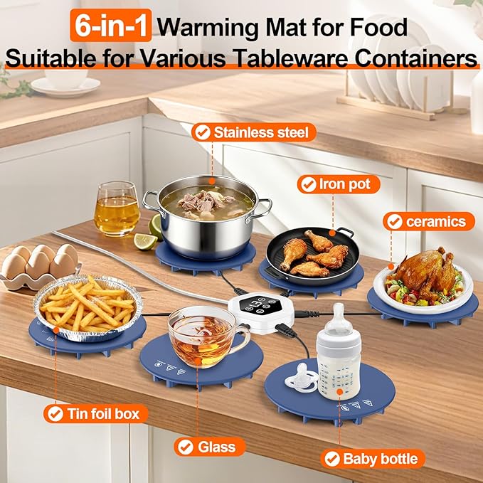 Upgrade Food Warming Mat,6-in-1 Silicone Warming Mat for Food-Fast Heating Electric Warming Tray with 3 Timer & Temp Settings,Portable Food Warmer for Parties Buffet,Raised Feet Protects Table (Blue)