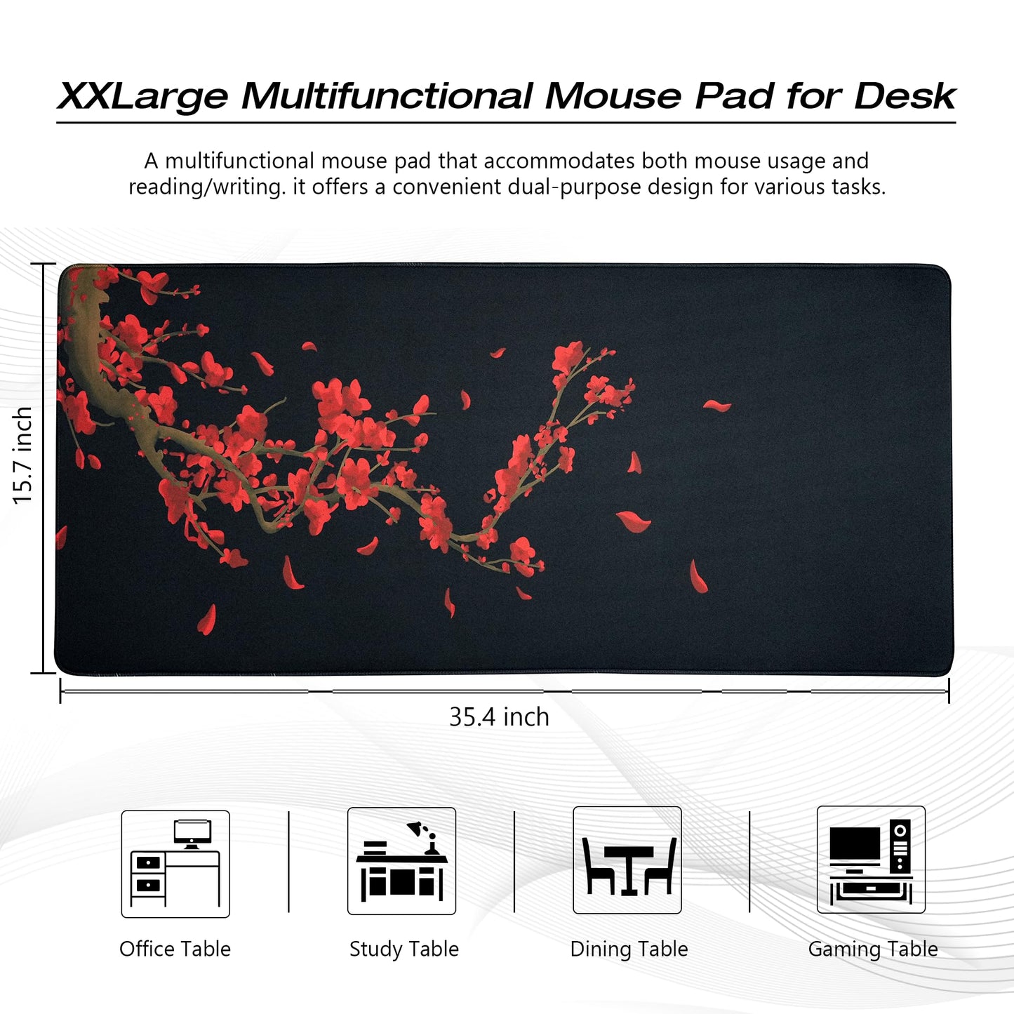 GMKWTL Large Gaming Mouse Pad for Desk, Black Plum Blossoms XXL Mouse Pad, 35.4x15.7 Inch, Waterproof, Non-Slip Rubber Base