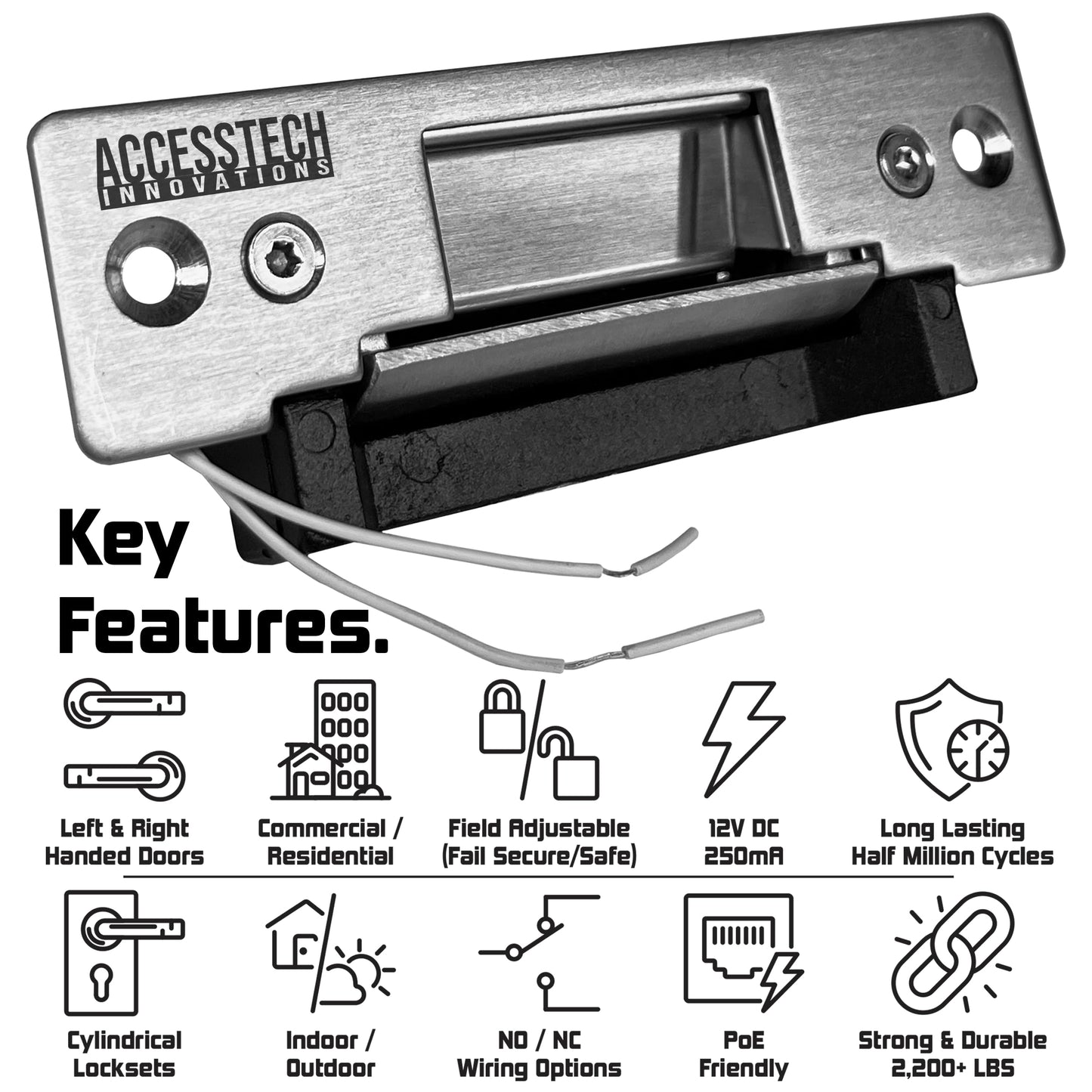 Heavy Duty Electric Strike Door Lock ANSI Standard Access Control System | 2,200+ LBS | Fail-Secure/Fail-Safe Adjustable | 12VDC Input Voltage | AccessTech Innovations | Model: 300