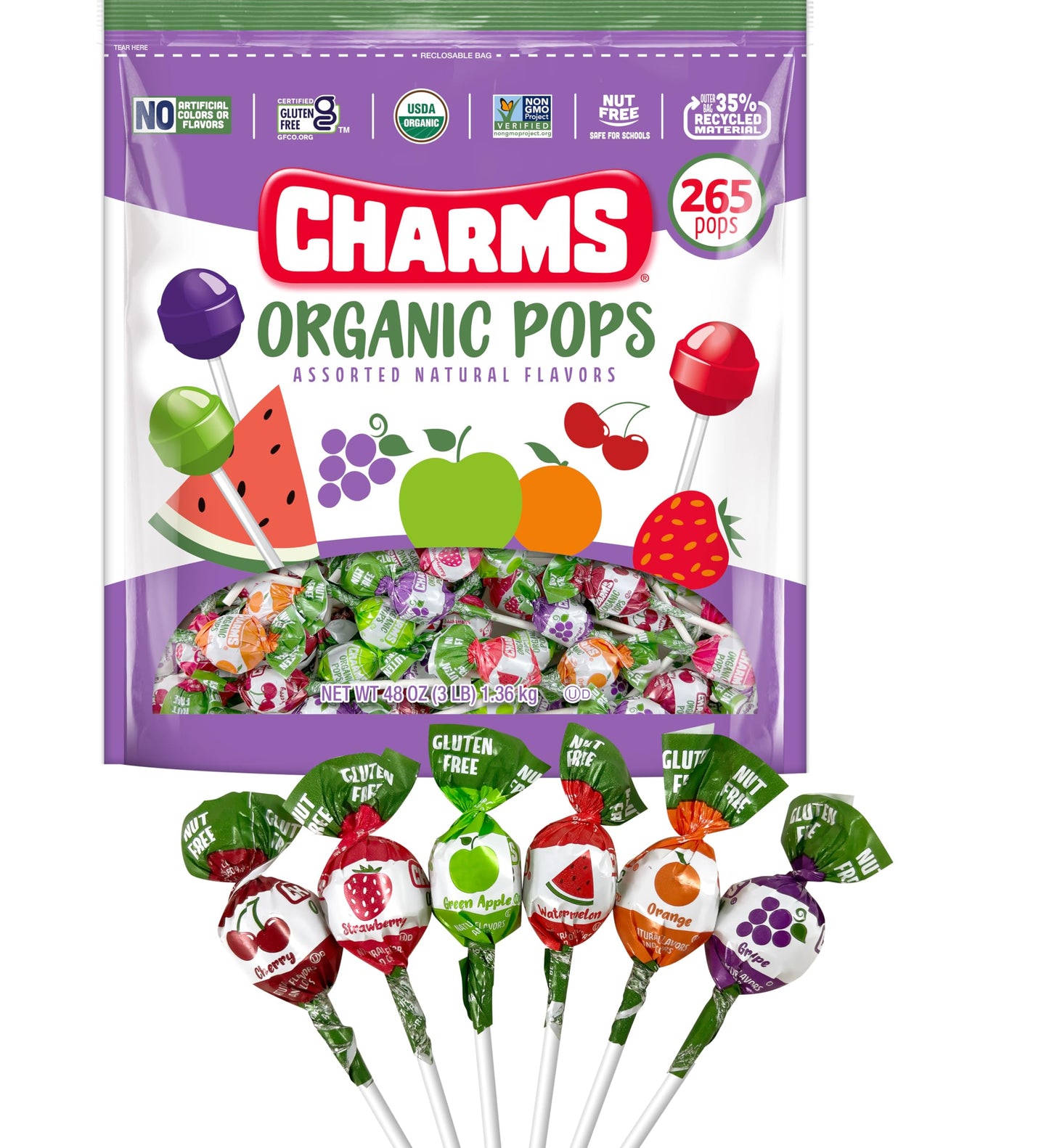 Charms Organic Pops (265 Count) - USDA Organic Fruit Candy Lollipops Made with All Natural Flavors and Ingredients - Dye-Free, G