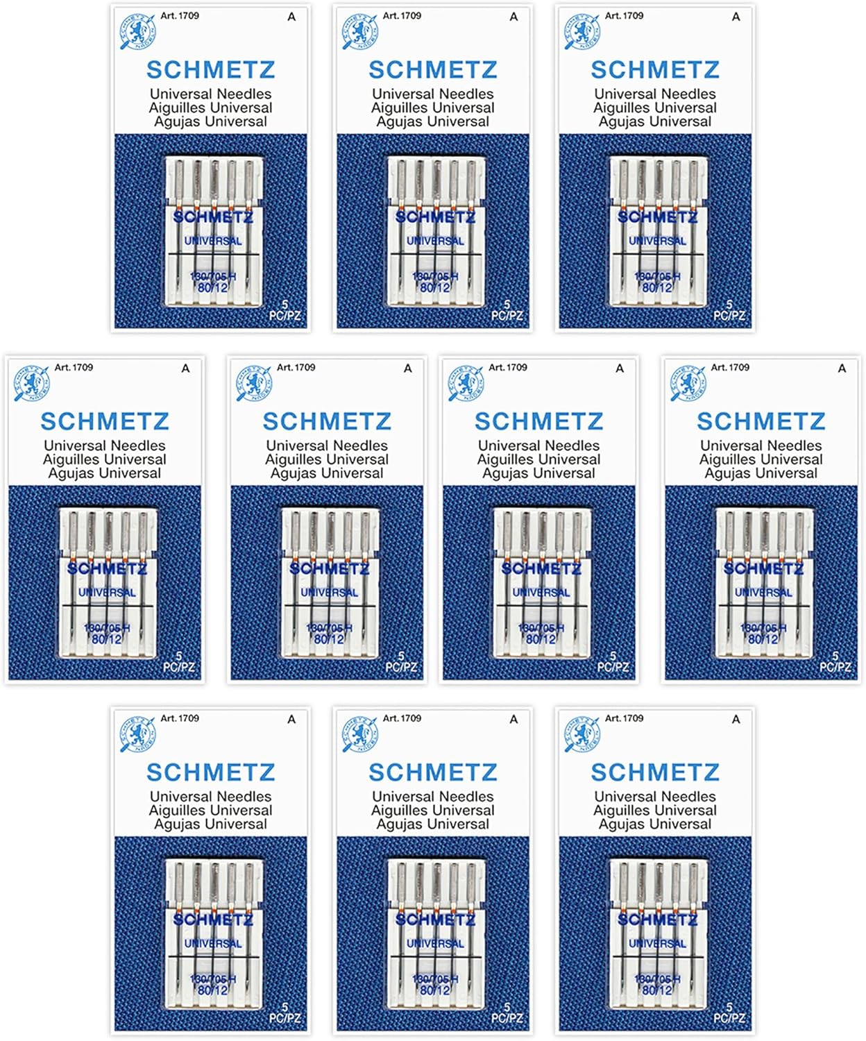 SCHMETZ Universal Sewing Machine Needles - Size 80/12, 5-Needle Cards, Pack of 10