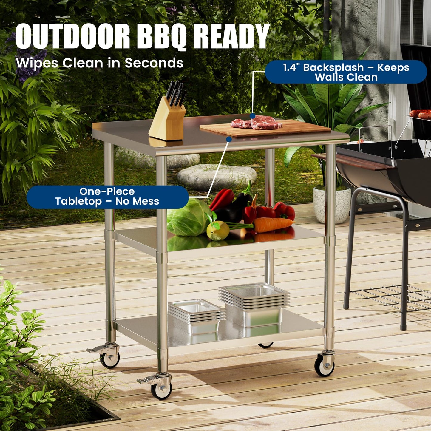 Chingoo Stainless Steel Work Table with Wheels, 24x36 Inch NSF Food Prep Table with Backsplash & 2 Adjustable Undershelves for Commercial Kitchen, Restaurant, Garage