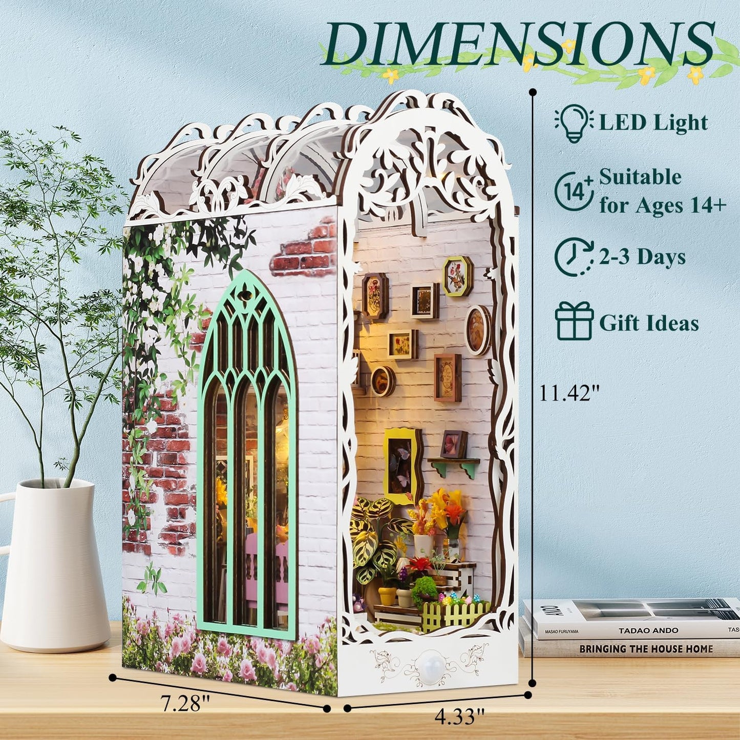 TuKIIE DIY Book Nook Miniature Kit, Booknook Dollhouse Bookshelf Insert with Sensor Light & Dust Proof, Wooden Decorative Bookend Stand Model Kits for Kids Teens Adults(Flower House)