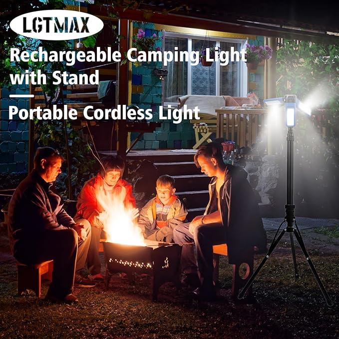 Rechargeable Solar Camping Light with Stand, Portable Cordless Work Light with 3 LED Lamp Heads, 5 Dimmable Lighting Modes, 82" Telescoping Tripod