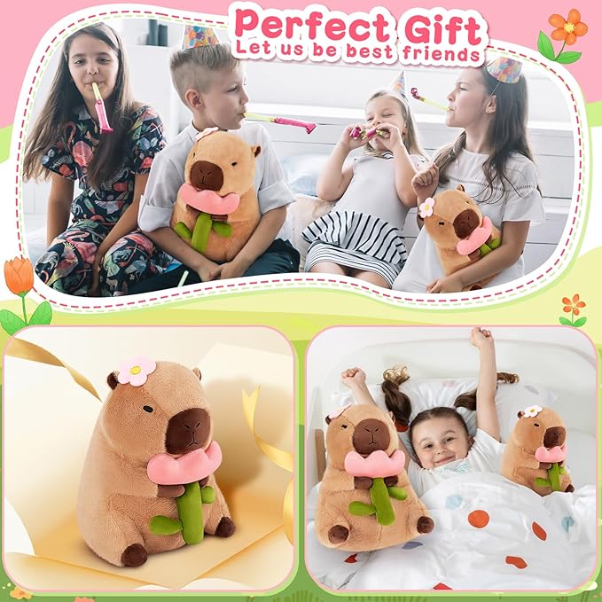 Achwishap Capybara Plush,Cute Plushies Capybara Stuffed Animals,Capybara Plush Toys,Kawaii Plushie Stuffed Toy with Flower Plushies Gift for Kids Adults Birthday(Capybara with Holding Flower,12”)
