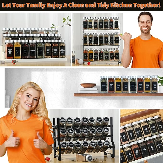 24 Glass Storage Jars- Spice Jars with Label-4oz Spice Containers with Shaker Lids and Silvery Lids,3 Sets of Spice Labels for Spice Rack