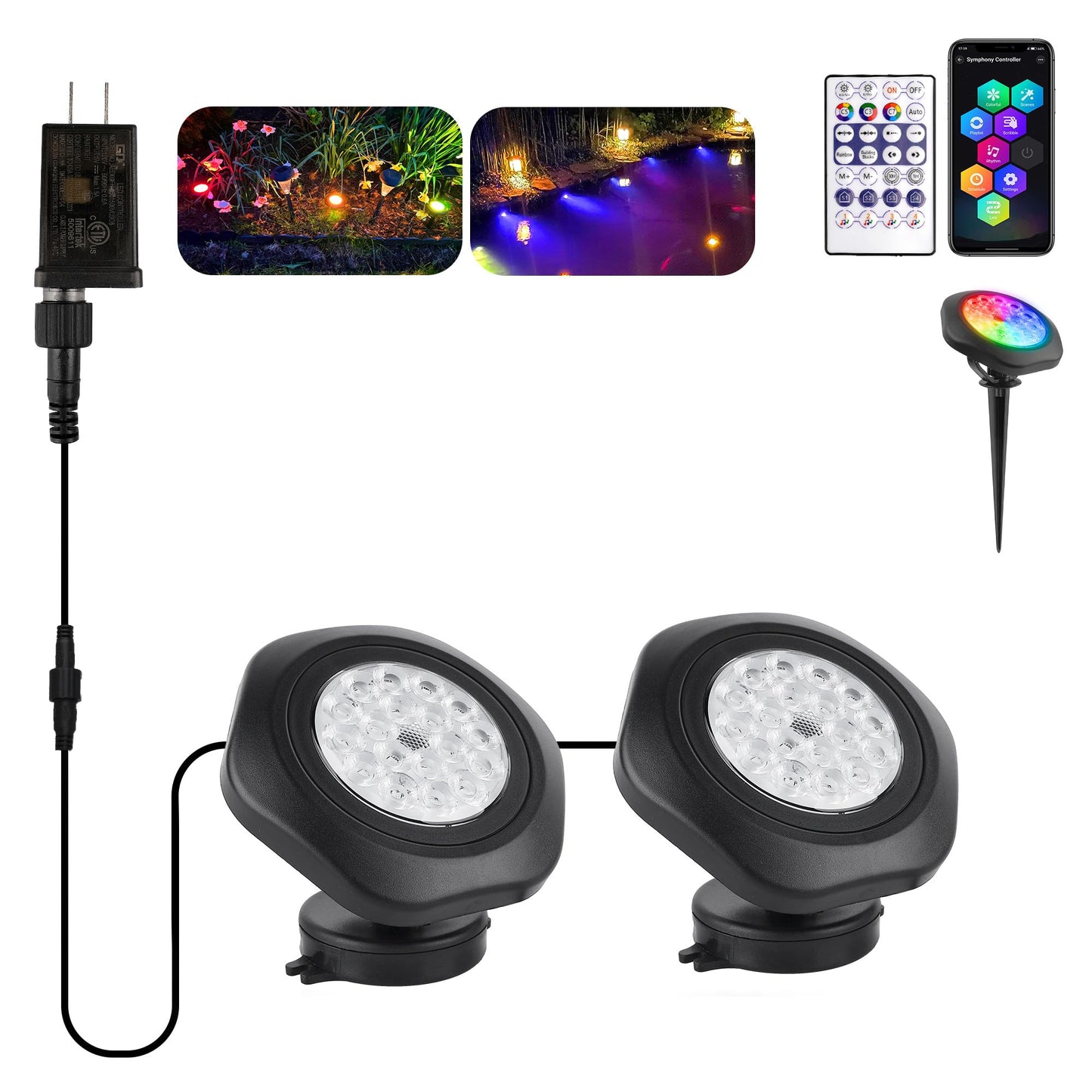 T-SUN Color Changing Pond Lights LED Submersible Fountain Lights IP68 Waterproof Set of 2 Multicolor Model TS-F2230