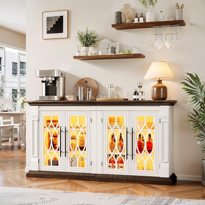 60 inch Farmhouse Buffet Sideboard Cabinet with 4 Glass Doors, Coffee Wine Bar Storage Cabinet with LED Lights, Buffet Table with Adjustable Shelves for Dining Room, Kitchen, Living Room