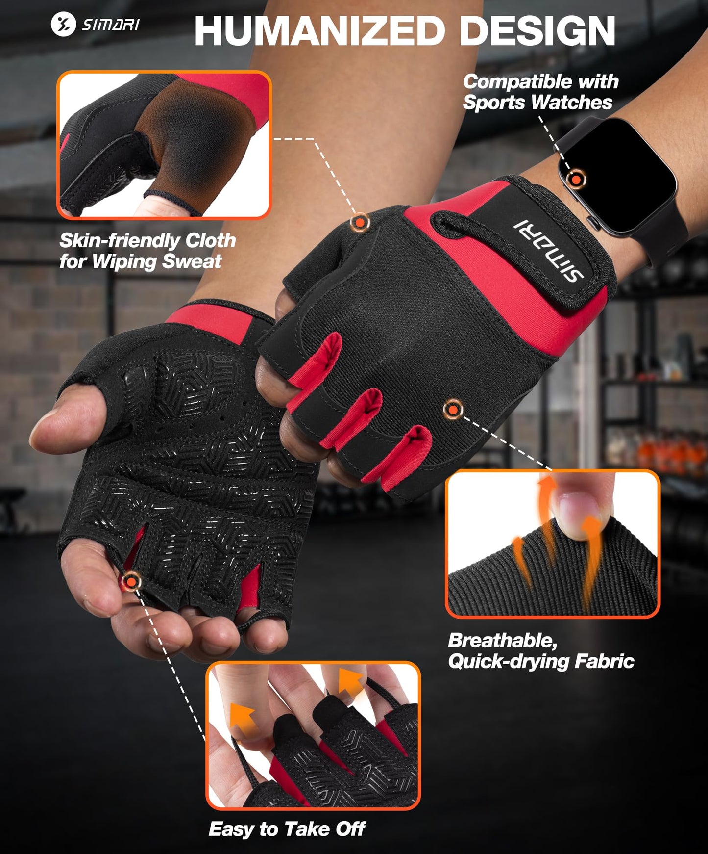 SIMARI Breathable Workout Gloves for Men & Women, Weight Lifting Gloves with Padded, Grip, Full Palm Protection, Gift for Gym Exercise, Cycling, Weightlifting Training, Fitness, Red, Size L