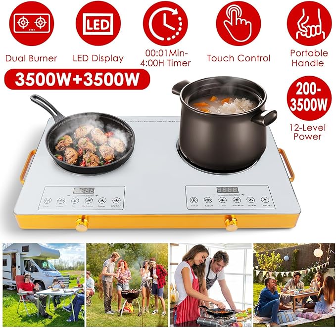 Double Burner Infrared Electric Cooktop, 3500W Ceramic Hot Plates for Countertop, 11 Power Levels 0-4H Timer, Portable Handle, LED Display, Portable Stove for Home RV Camping(White)
