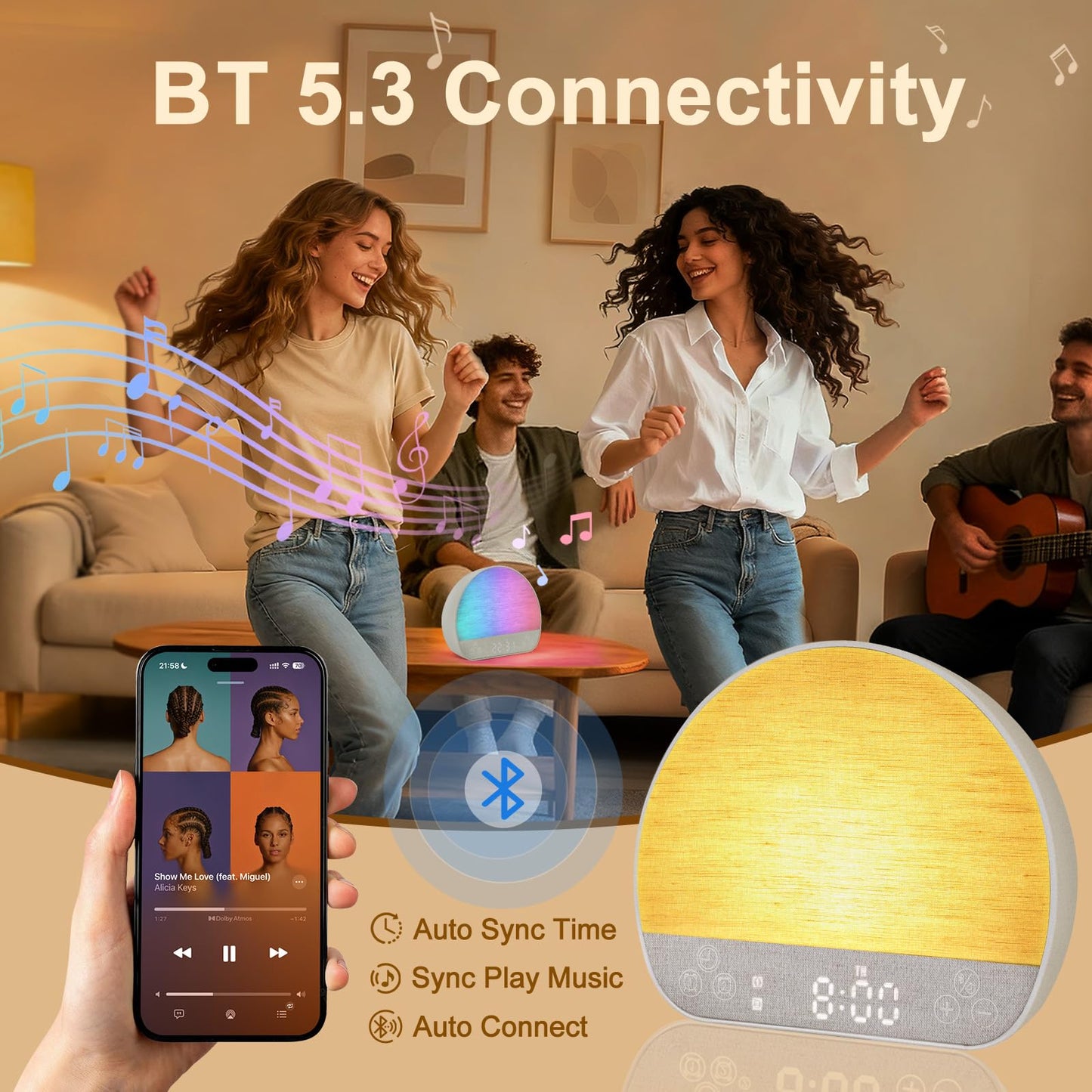 JONRRYIN Sunrise Alarm Clock, Sound Machine Alarm Clock for Bedroom| Wake Up Light for Heavy Sleepers Gift- Bluetooth, Tap to Snooze, USB Charging, 37 Sounds, 15 Colors, Timer, Dual Alarms, Dimmable