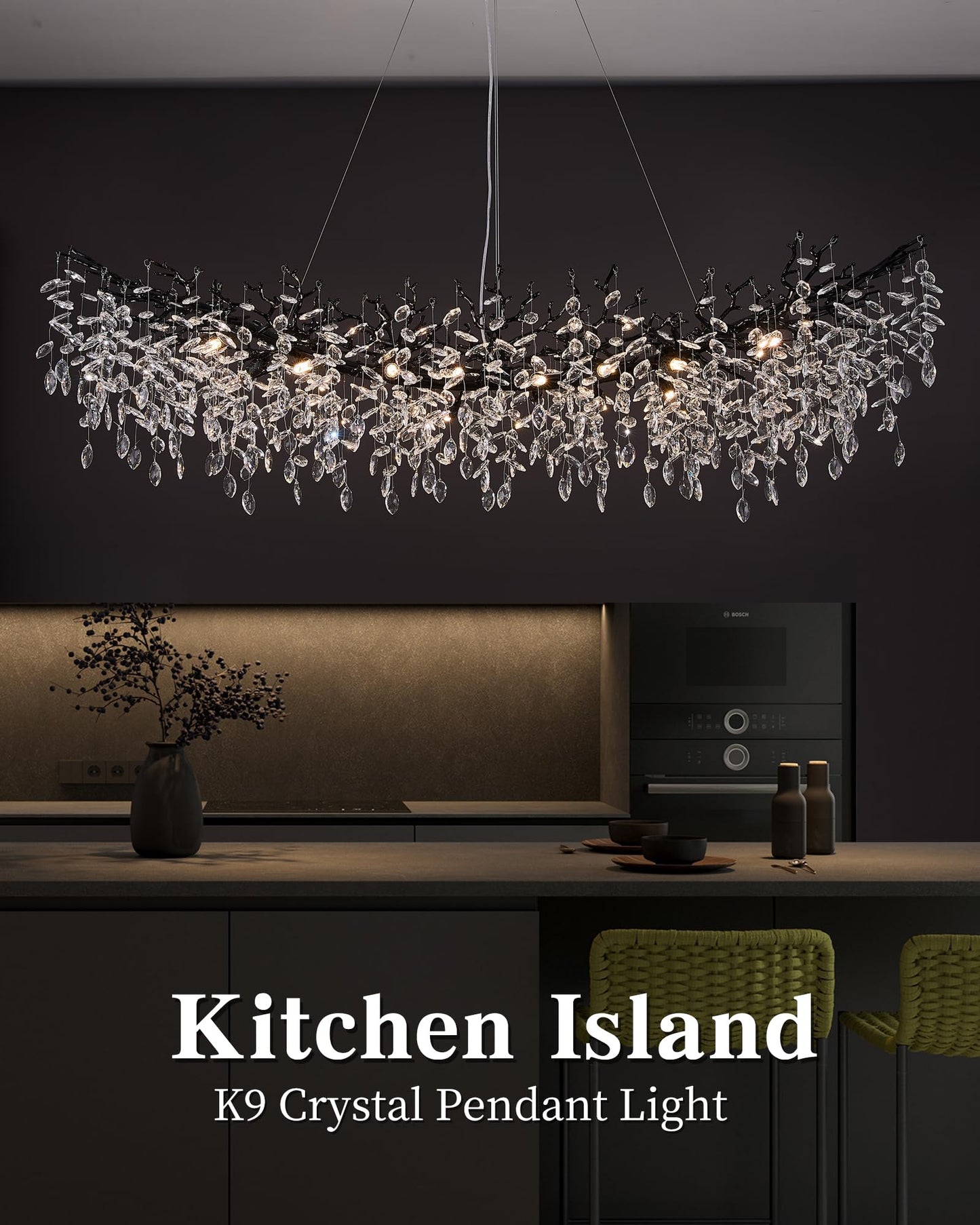 Black Chandelier  16 Light Modern Chandelier For Dining Room Over Table  Industrial 63 Hanging Lighting With K9 Crystal Tree Branch Rectangular Chandeliers For Living Room Kitchen Island