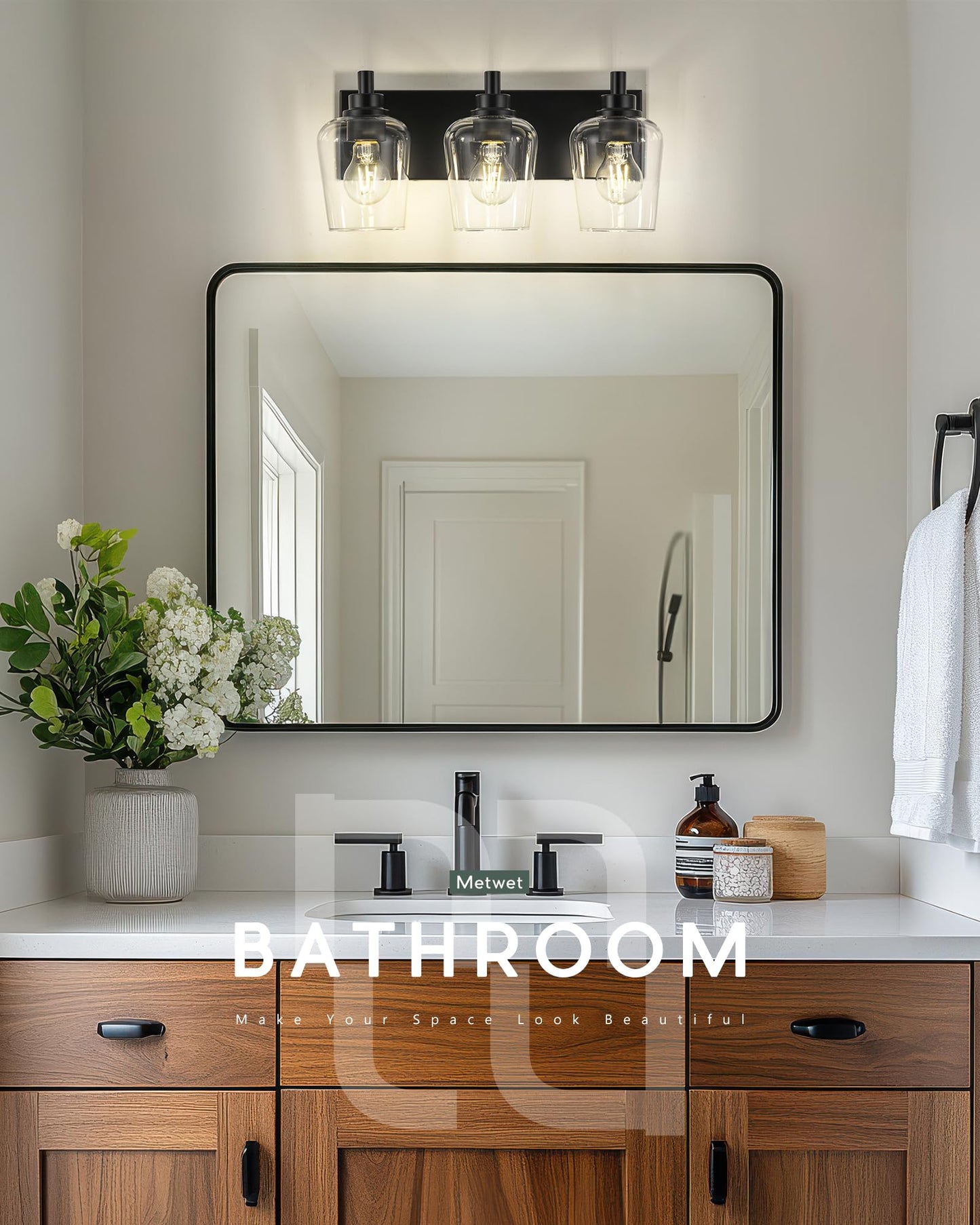 Metwet Bathroom Light Fixtures  3-Light Modern Vanity Light With Clear Glass Wine Glass-Shaped Shade  Vanity Lighting Fixtures Over Mirror  Matte Black  Vl155-Mb-3