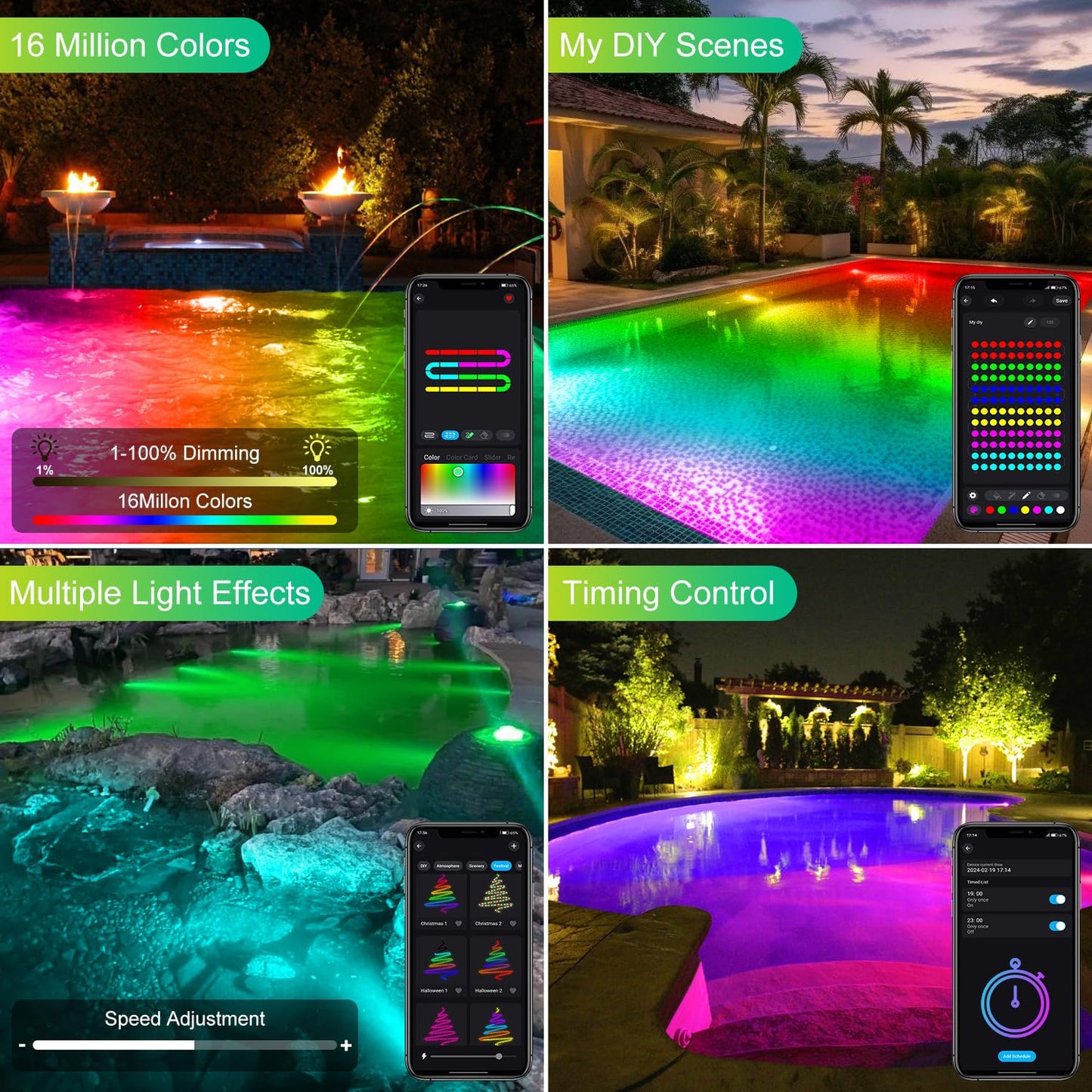 T-SUN Colored Pond Lights - LED Submersible Fountain Light, Bluetooth & Remote Control, IP68 Waterproof, Set of 1, Multicolor, Model TS-F2220
