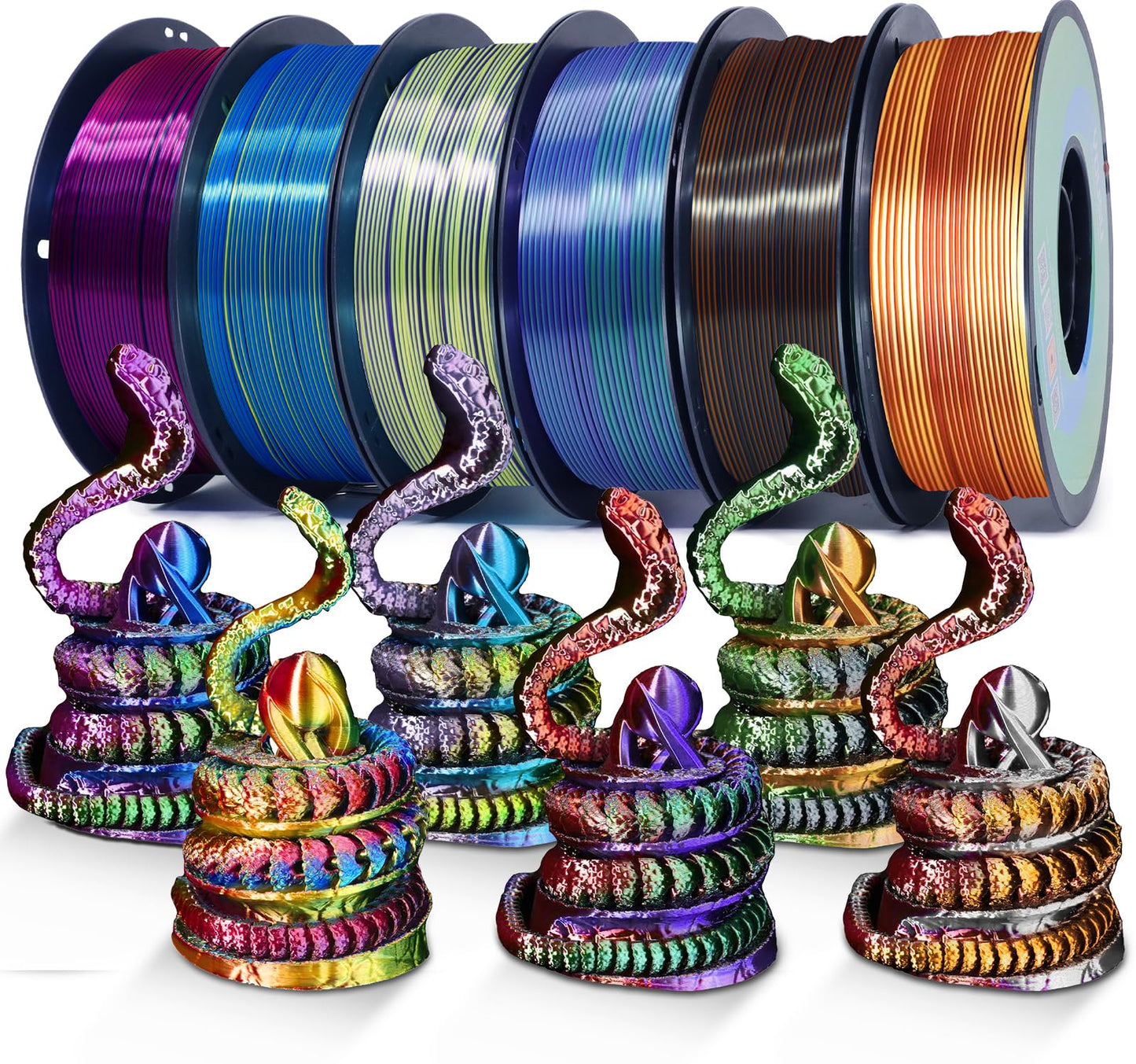 YOUSU 3D Printer Filament Silk PLA Filament Rainbow Color,1.75mm Tri Color Filament 6 * 1kg Pack.