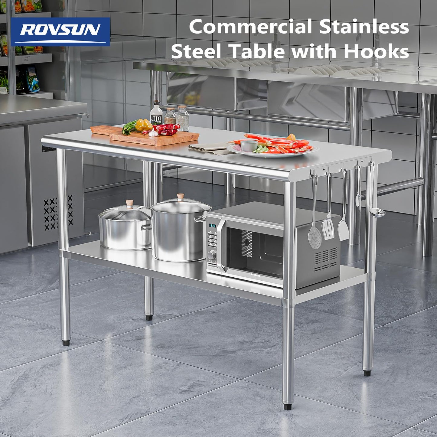 ROVSUN 48'' x 24'' Stainless Steel Table for Prep & Work,Commercial Worktables & Workstations, NSF Heavy Duty Metal Table with Adjustable UnderShelf for Kitchen, Restaurant, Home, Hotel, Outdoor