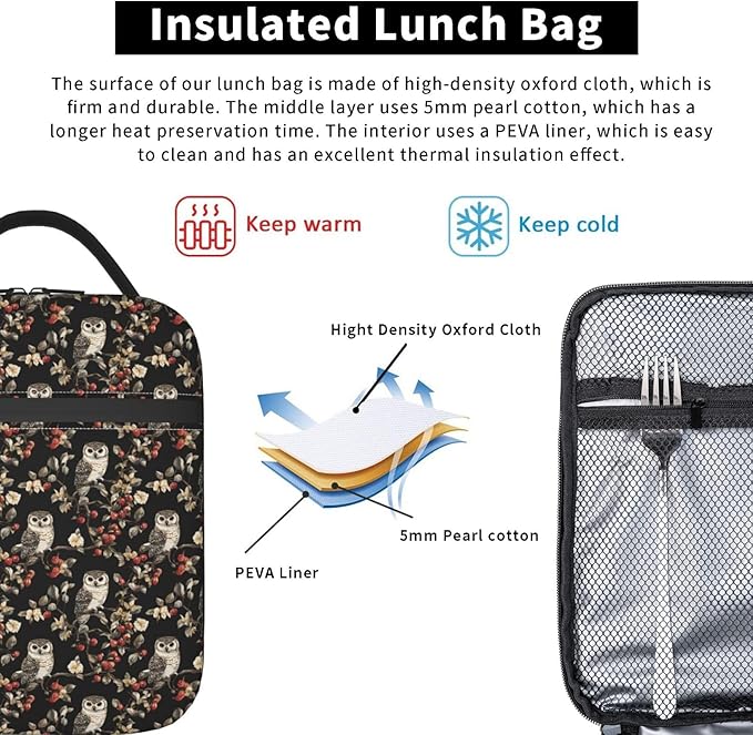 Owl Lunch Box for Women Kids Girls Insulated Lunch Bag Lunchbox Adults Lunch Tote Bags Reusable Cooler for Work Office School Picnic Travel